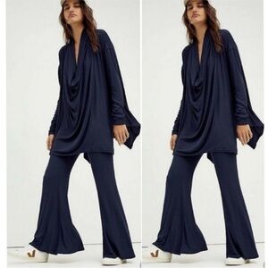 Free People Romy Set in Night Owl Navy Blue Long Sleeves Cowl Neck Size Small